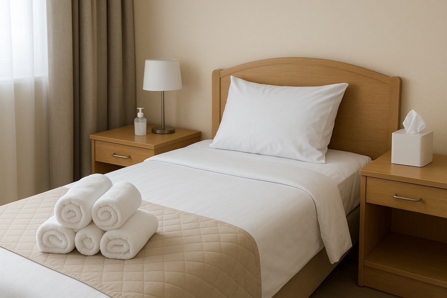 Patient room or resident suite with made bed, towels, amenities and tissues